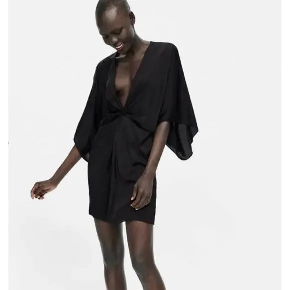 NWT Zara Satin Knotted Black Bat Wing Dress Mini sz M - Picture 2 of 12